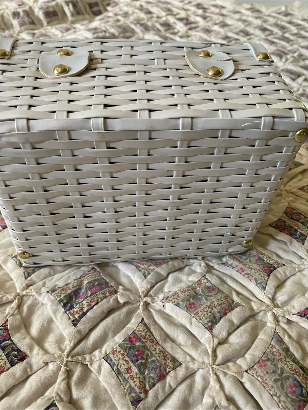 Vintage mid century- White Woven Hard Case Bag with Gold Hardware